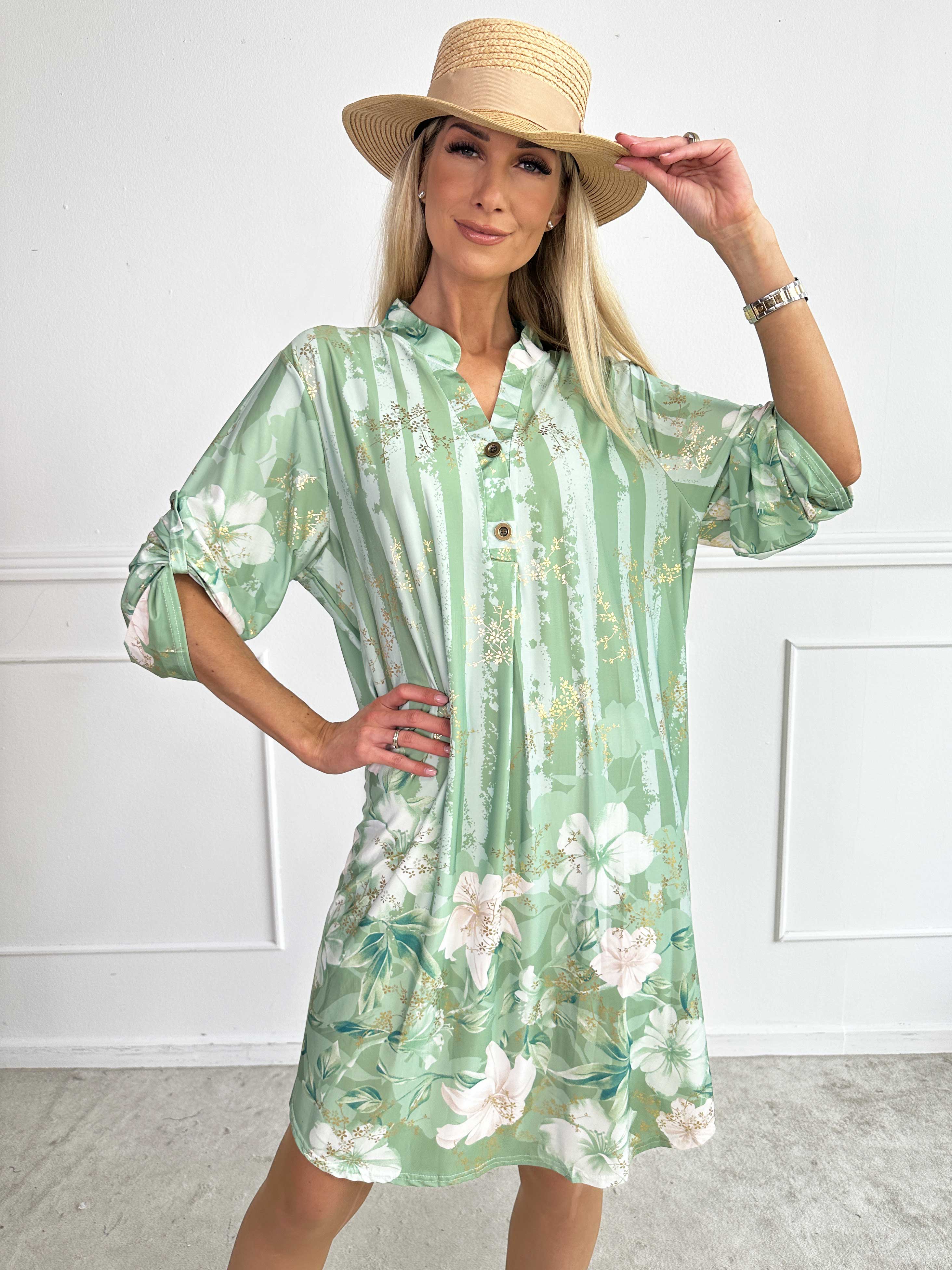 Ebba Floral Stripe Long - Elastisk blomstret kjole med guld detaljer